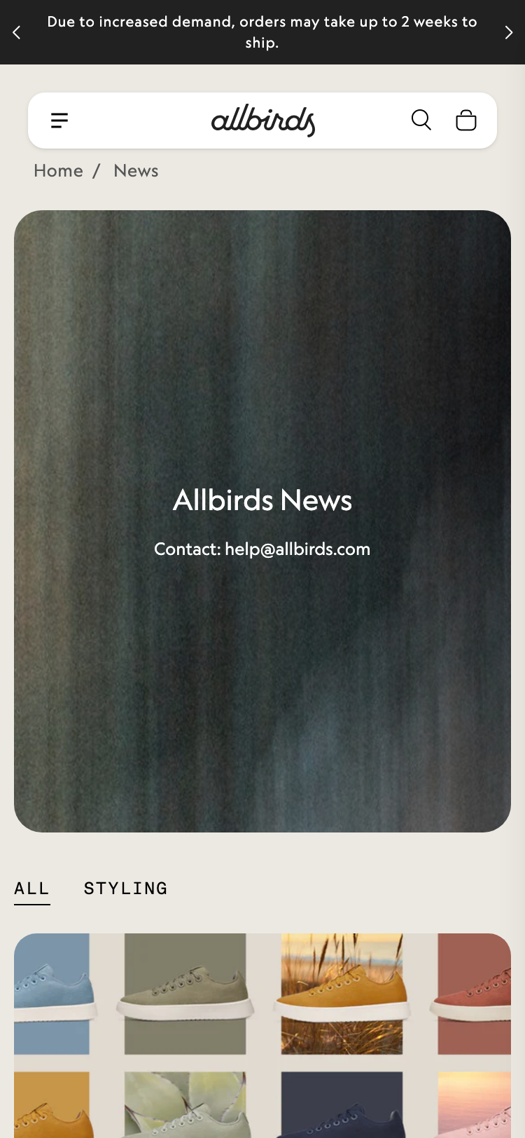 Allbirds News at 375 px — the title text is styled correctly but marked up as a paragraph, not a heading