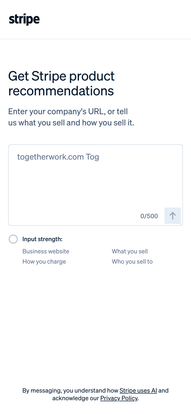 The unlabeled submit button beside Stripe's /personalize input field — a bare arrow glyph with no accessible name