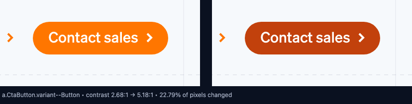 Side-by-side comparison of the Atlas "Start your company" button today at 2.68:1 contrast versus a simulated darker orange at 5.18:1