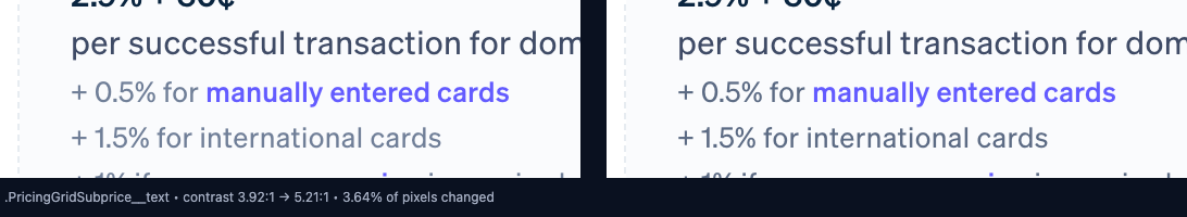 Pricing page fee qualifiers today at 3.92:1 contrast versus a simulated darker gray at 5.21:1